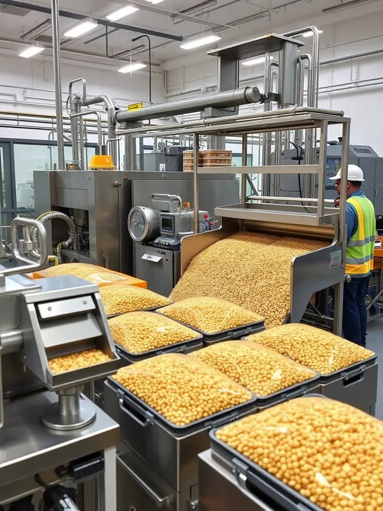 A photograph of sesame seeds being processed and packaged in a modern facility, emphasizing the advanced technology used by GO Agro Limited.