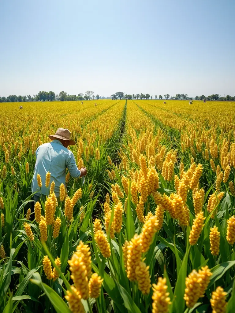 A wide shot of a sesame field at GO Agro Limited, with workers harvesting the sesame seeds under a clear sky.