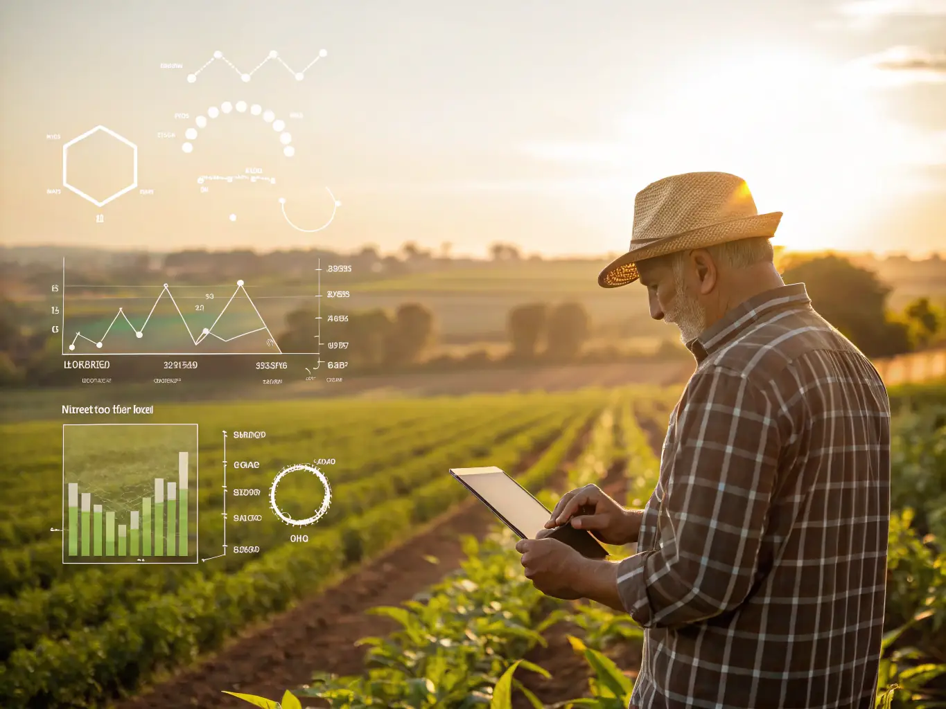 A team of experts analyzing crop data on a large commercial farm, illustrating GO Agro Limited's expertise in commercial farm management.