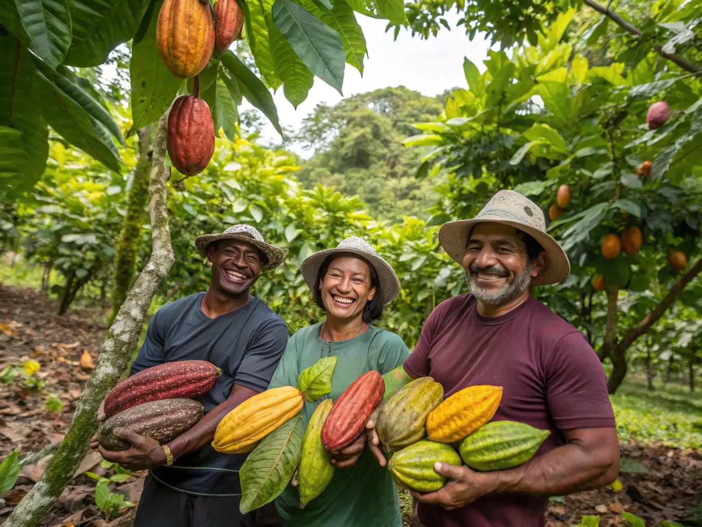A lush cocoa plantation with ripe cocoa pods ready for harvest, showcasing GO Agro Limited's commitment to sustainable cocoa farming practices.