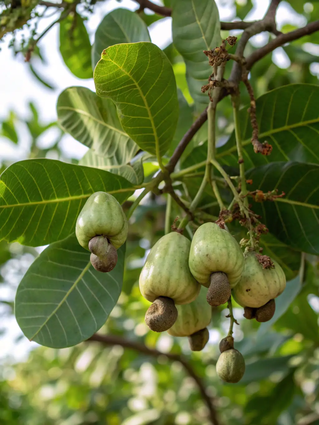A close-up shot of cashew nuts growing on a tree in a GO Agro Limited plantation, showcasing the natural environment and healthy growth.