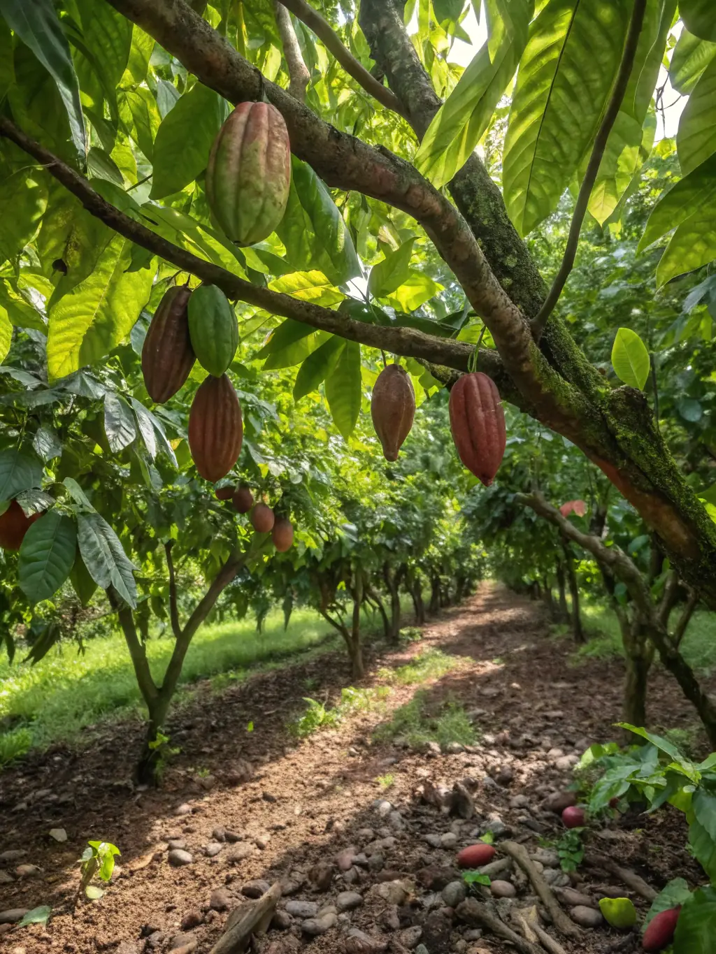 A vibrant image of a cocoa plantation with ripe cocoa pods ready for harvest, showcasing GO Agro Limited's involvement in cocoa production.